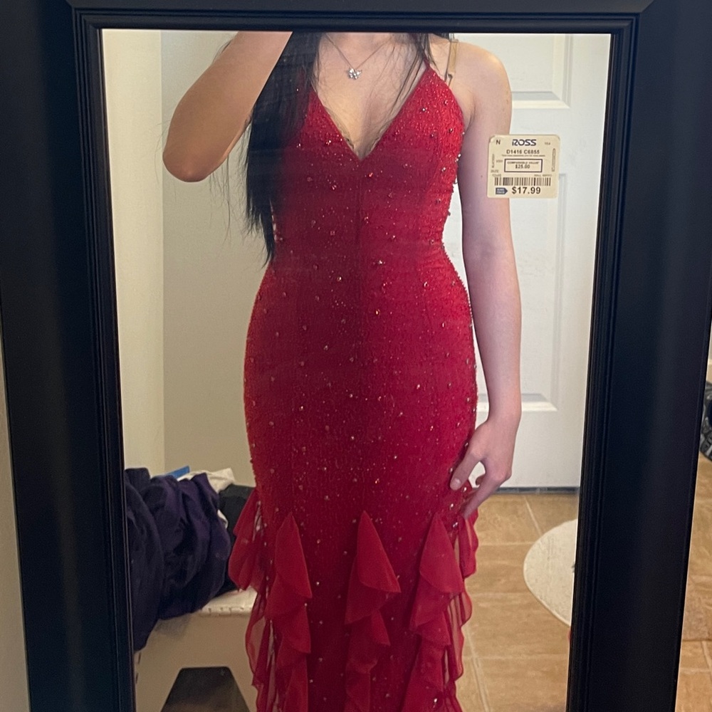 Oh Polly - Embellished Halter Neck Ruffle Maxi Dress in Red (size 4) or (Small)